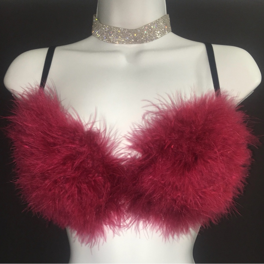 Burgundy Red Feather Fluffy Bra Rave EDC Costume New All Sizes